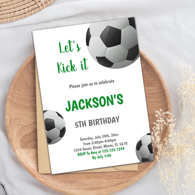 Soccer Birthday Invitation (Black and White Ball Green Text Soccer Invitation)