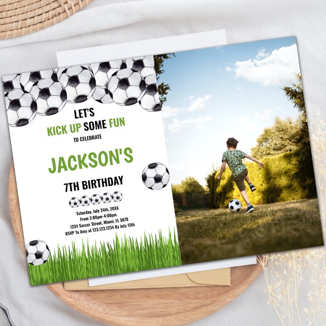 Soccer Birthday Invitation with Photo (Green Ball Soccer Birthday Invitations w photo)