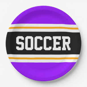 SOCCER Black Bright Purple Yellow Racing Stripes Paper Plate
