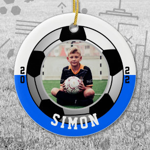 Soccer Blue White Team Colours Ceramic Tree Decoration