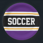 SOCCER Bold Purple Black Yellow Racing Stripes Paper Plate<br><div class="desc">This sporty,  athletic design features bold SOCCER text inside a highlighted wide centre black stripe with white and yellow pinstripes against royal purple outer stripes.  The text  can be personalised.</div>
