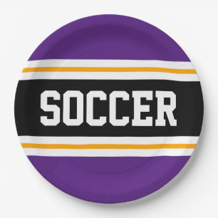 SOCCER Bold Purple Black Yellow Racing Stripes Paper Plate