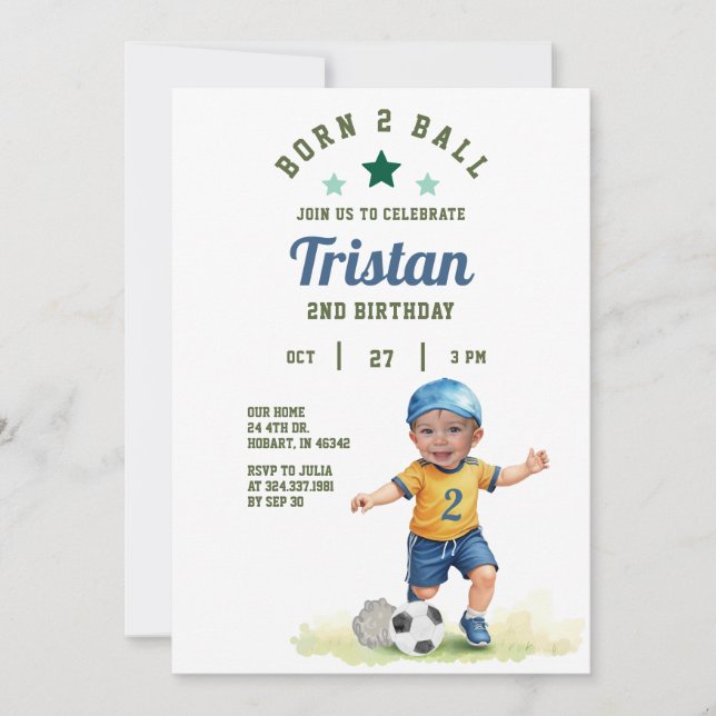 Soccer Born Two Ball 2nd Birthday Photo Invitation (Front)