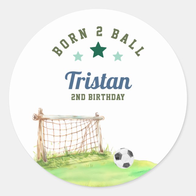 Soccer “Born Two Ball” Second Birthday Classic Round Sticker (Front)