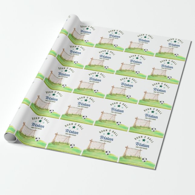 Soccer “Born Two Ball” Second Birthday Wrapping Paper (Unrolled)