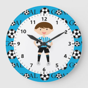 Soccer Boy 1 Light Blue and White Stripes Goal Large Clock