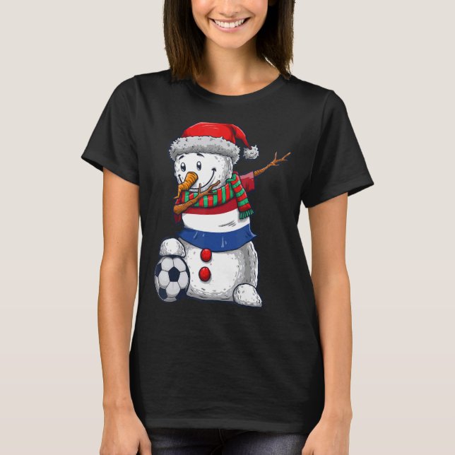 Soccer Boy Dabbing Snowman Christmas Netherlands F T-Shirt (Front)