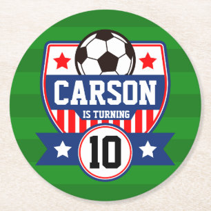 Soccer Boys Football Field Birthday Party  Round Paper Coaster
