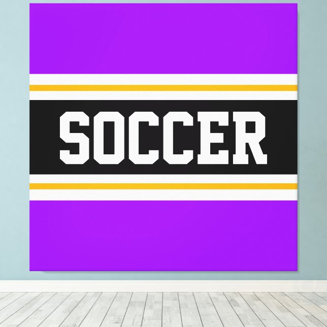 SOCCER Bright Purple Black White Yellow Stripes Canvas Print (Insitu(Wood Floor))
