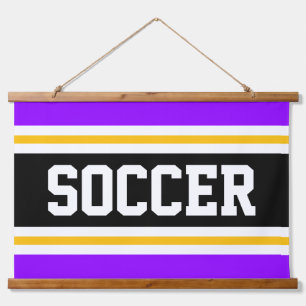 SOCCER Bright Purple Black Yellow White Stripes Hanging Tapestry