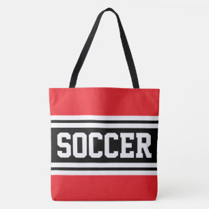 SOCCER Bright Red Black White Racing Stripes Tote Bag