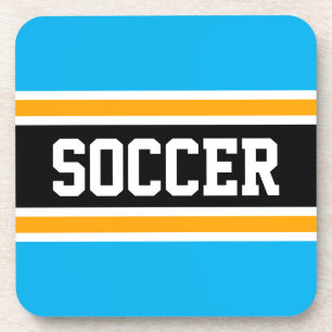 SOCCER Bright Sky Blue Yellow Black Racing Stripes Coaster