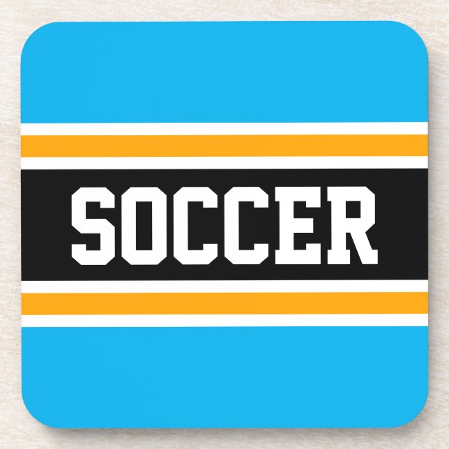 SOCCER Bright Sky Blue Yellow Black Racing Stripes Coaster (Front)