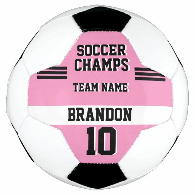soccer champs pink black personalised sport player soccer ball (Front)