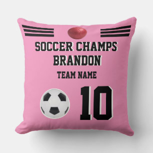 soccer champs pink player team photo personalised cushion