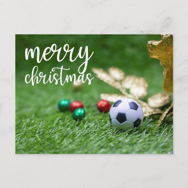 Soccer Christmas Holiday with ball on green grass Postcard (Front)