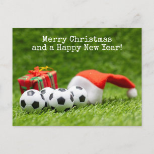 Soccer Christmas Holiday with Santa hat and gifts Postcard