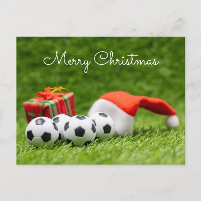 Soccer Christmas Holiday with Santa hat on green  Postcard (Front)