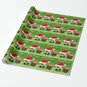 Soccer Christmas Holiday with Santa hat on green   Wrapping Paper