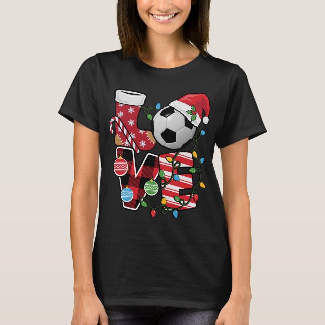 Soccer Christmas Pyjamas Fun Red Plaid Santa Hat S T-Shirt (Front)