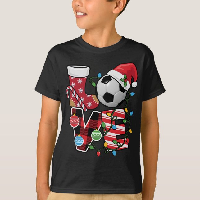 Soccer Christmas Pyjamas Fun Red Plaid Santa Hat S T-Shirt (Front)