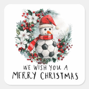 Soccer Christmas with Snowman Square Sticker