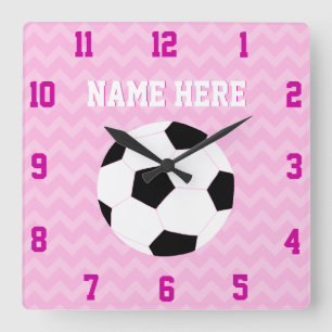 Soccer Clock: Pink Chevron Soccer Ball Square Wall Clock