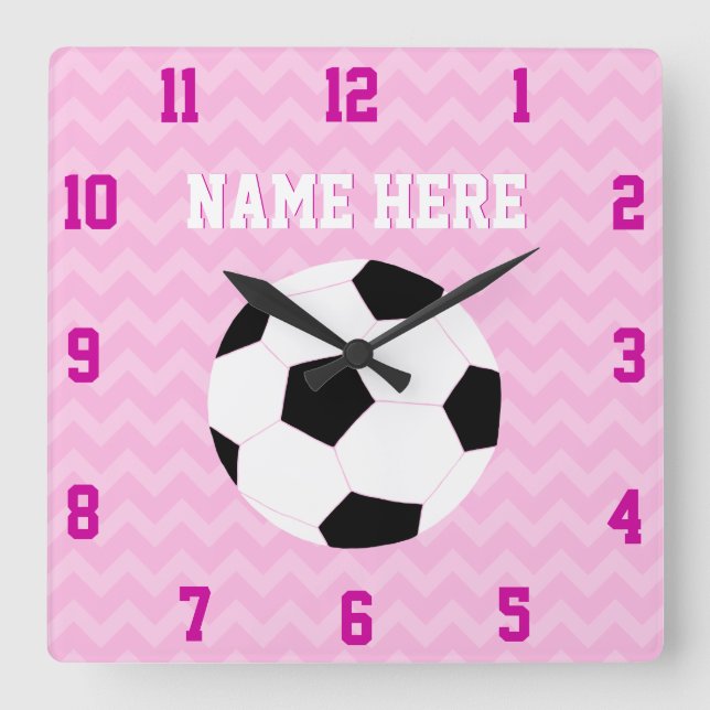 Soccer Clock: Pink Chevron Soccer Ball Square Wall Clock (Front)