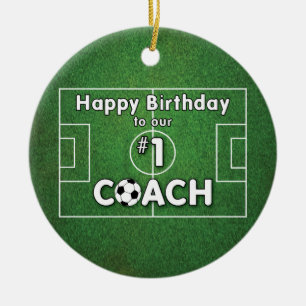 Soccer Coach Birthday with Grass Field and Ball Ceramic Tree Decoration