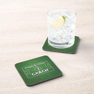 Soccer Coach Birthday with Grass Field and Ball Coaster