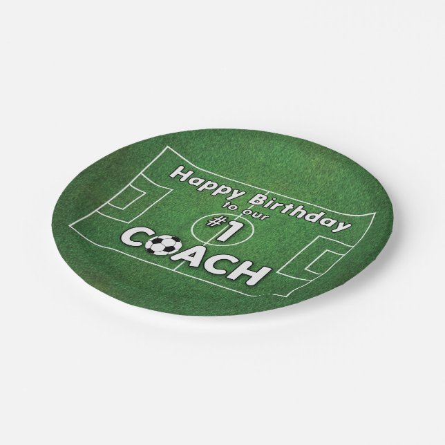 Soccer Coach Birthday with Grass Field and Ball Paper Plate (Angled)