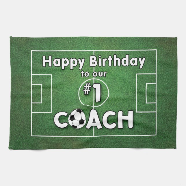 Soccer Coach Birthday with Grass Field and Ball Tea Towel (Horizontal)