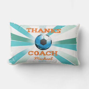 Soccer Coach Thanks, Orange on Teal, Blue Starburs Lumbar Cushion