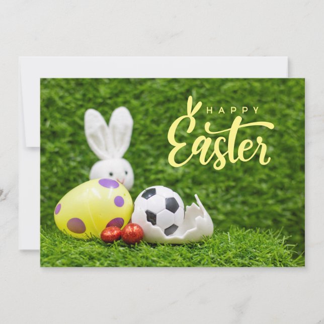 Soccer Easter holiday greeting player with ball  (Front)