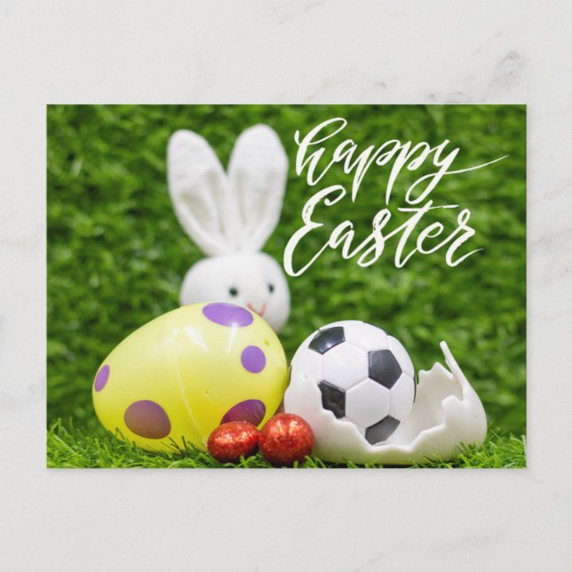 Soccer Easter with Ball and Bunny on Green Grass   Holiday Postcard (Front)