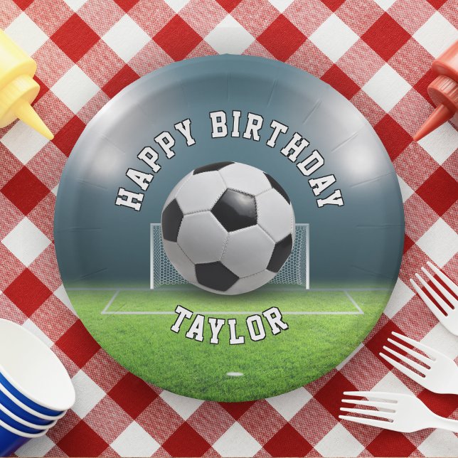 Soccer Field Football Sports Happy Birthday Paper Plate (football / soccer birthday paper plates)