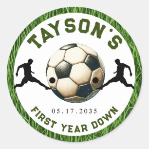 Soccer First Year Down 1st Birthday Classic Round Sticker