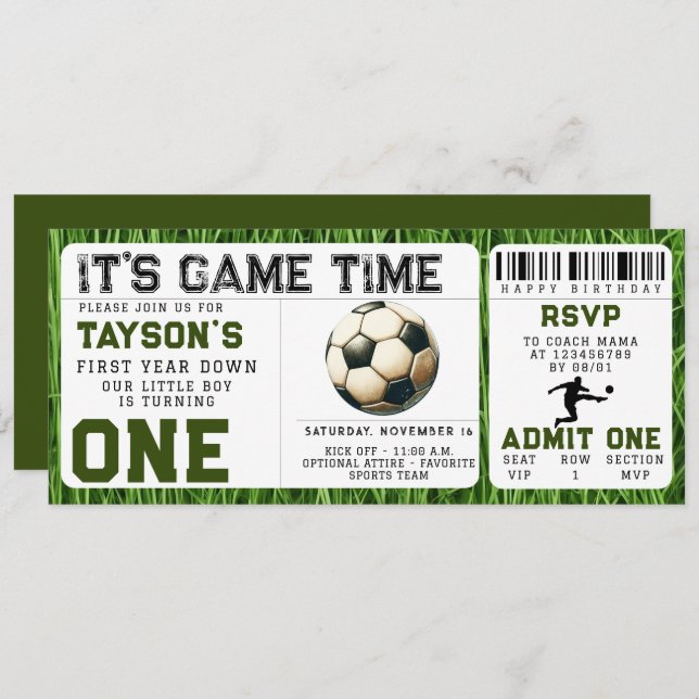 Soccer First Year Down 1st Birthday Ticket Invitation (Front/Back)