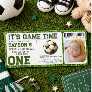 Soccer First Year Down 1st Birthday Ticket Photo Invitation