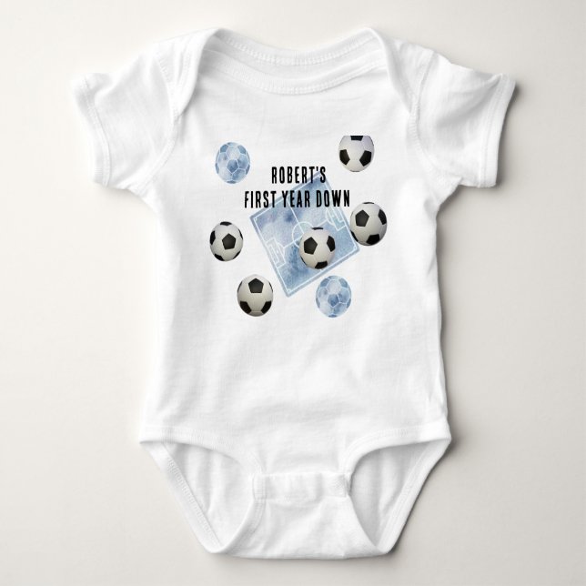 Soccer First Year Down Birthday Party Baby Bodysuit (Front)
