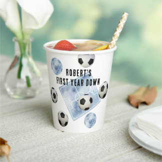 Soccer First Year Down Birthday Party Paper Cups