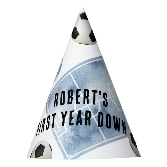 Soccer First Year Down Birthday Party Party Hat (Front)