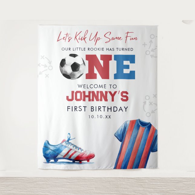 Soccer Football 1st Birthday Photo Backdrop Tapestry (Front)