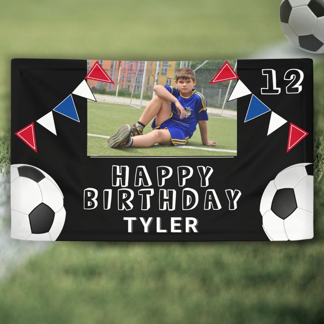 Soccer Football Ball Flags Black Photo Birthday Banner (Creator Uploaded)