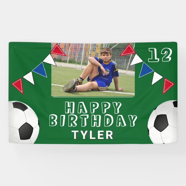 Soccer Football Ball Flags Photo Birthday Banner (Horizontal)