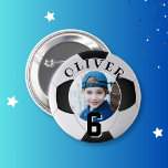 Soccer Football Ball Kids Birthday Age Photo 6 Cm Round Badge<br><div class="desc">Soccer Football Ball Kids Birthday Age Photo button.Soccer birthday button with a custom photo. Add your photo,  name and age.</div>
