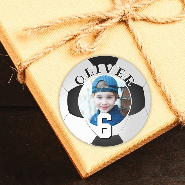 Soccer Football Ball Kids Birthday Age Photo Classic Round Sticker (Creator Uploaded)