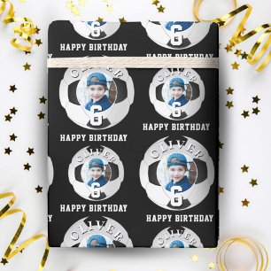 Soccer Football Ball Kids Happy Birthday Age Photo Wrapping Paper