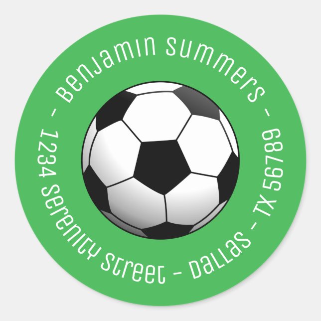 Soccer Football Ball on Green Custom Text Classic Round Sticker (Front)
