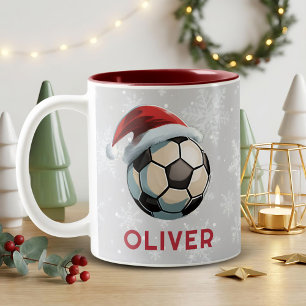 Soccer Football Ball Red Santa Hat Name Christmas  Two-Tone Coffee Mug